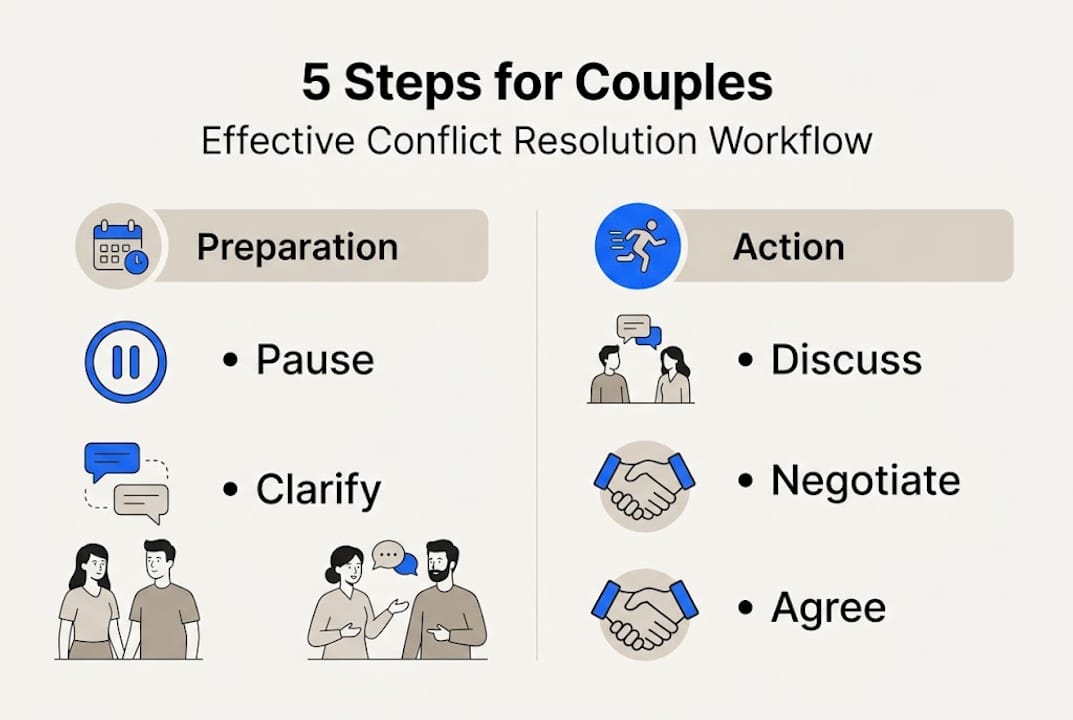 Infographic showing 5-step conflict resolution for couples