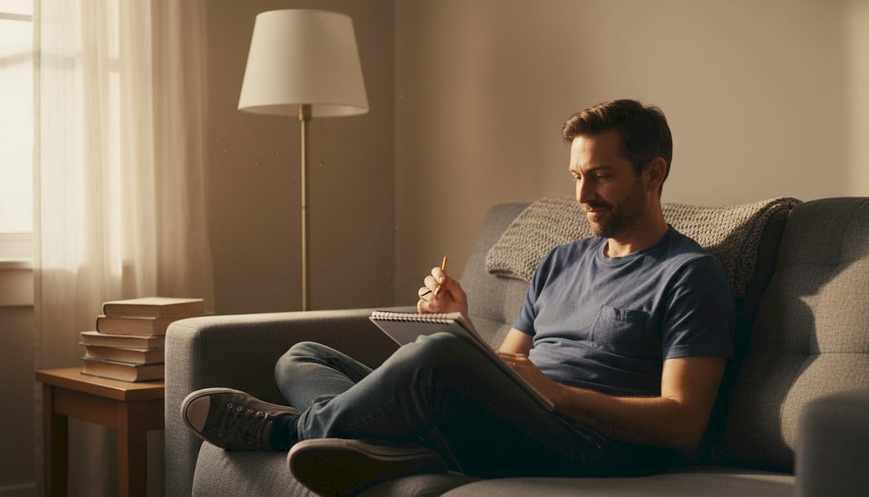 Un hombre sentado en el sofá, perdido en sus pensamientos.
