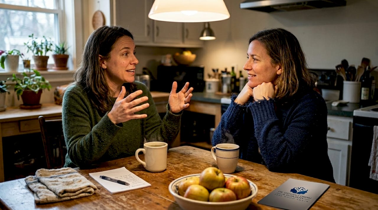 Friends discussing personal growth at kitchen table