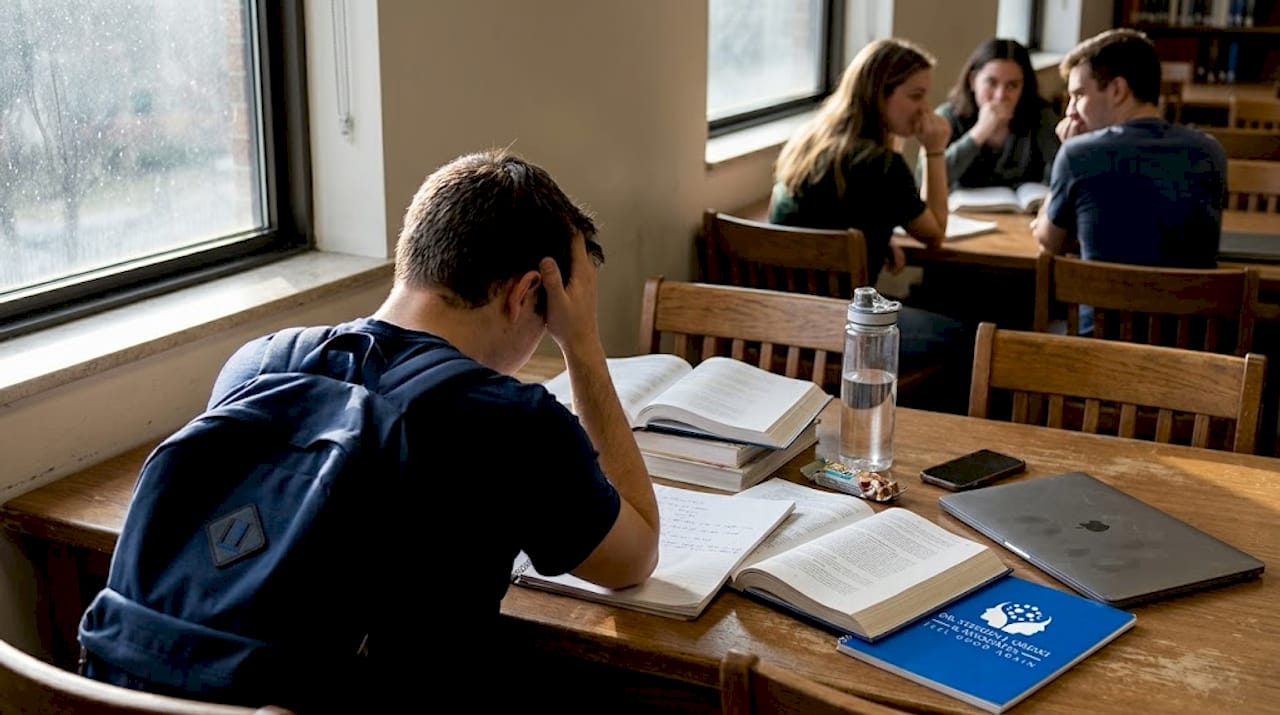 Student studying alone in campus library