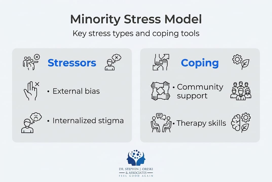 Infographic explaining types of minority stress and coping