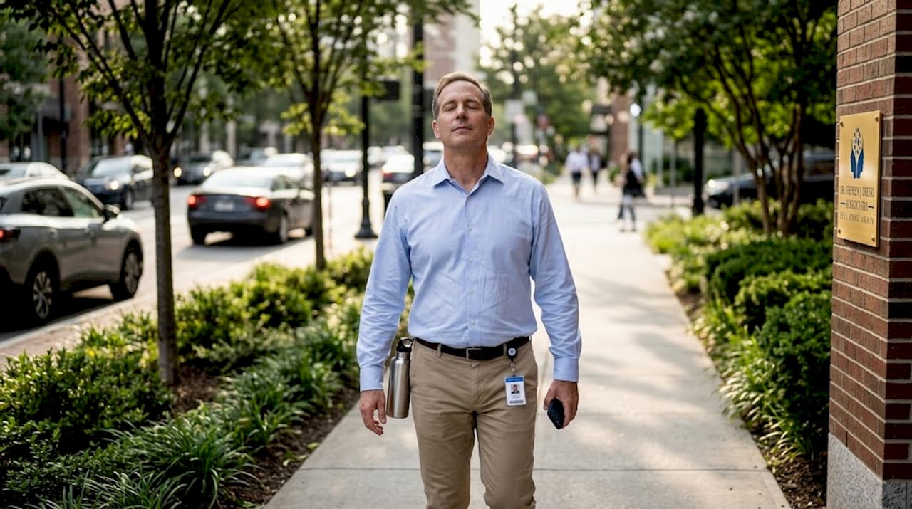 Office worker walking outdoors, practicing stress relief techniques, surrounded by greenery and urban setting, emphasizing mindfulness and mental health.