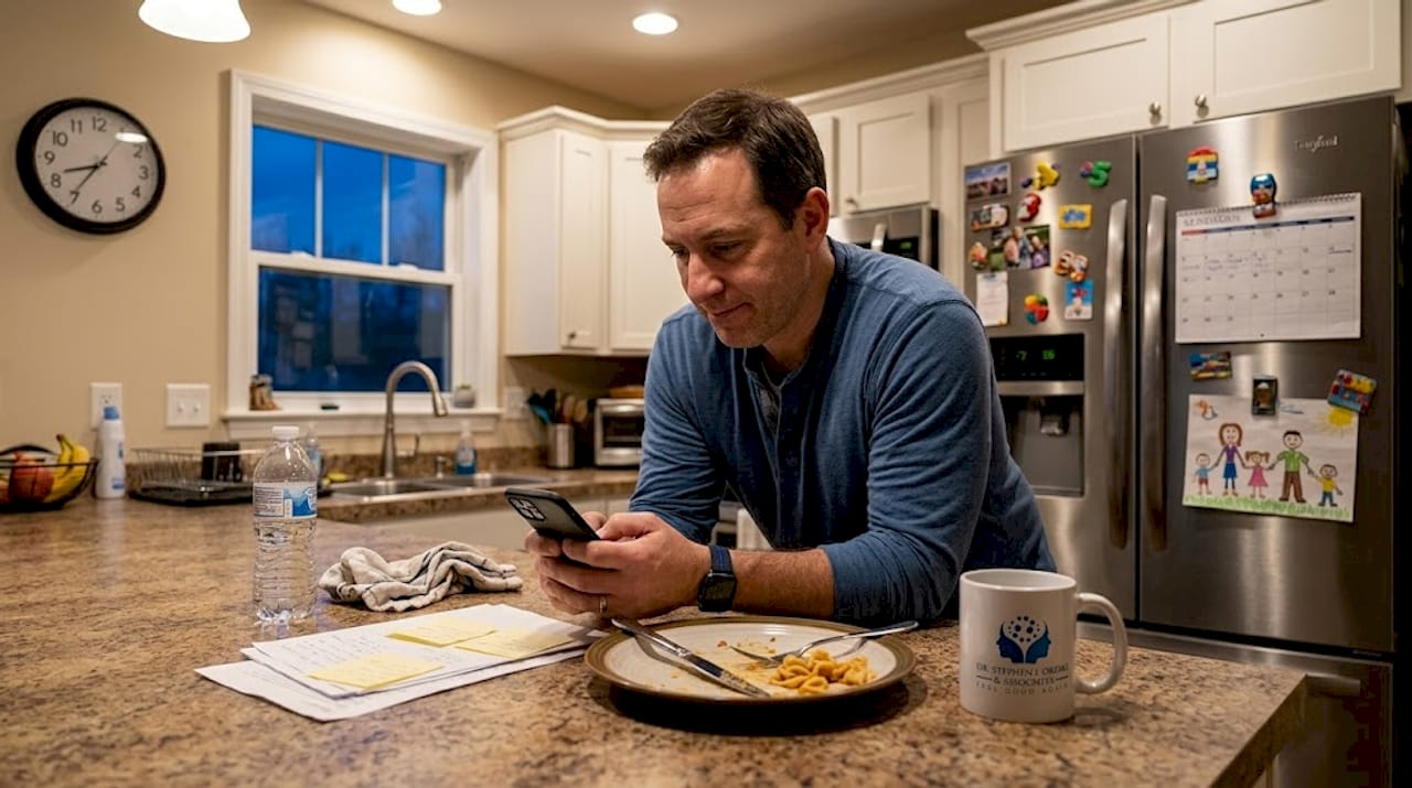 Man pauses in kitchen before talking