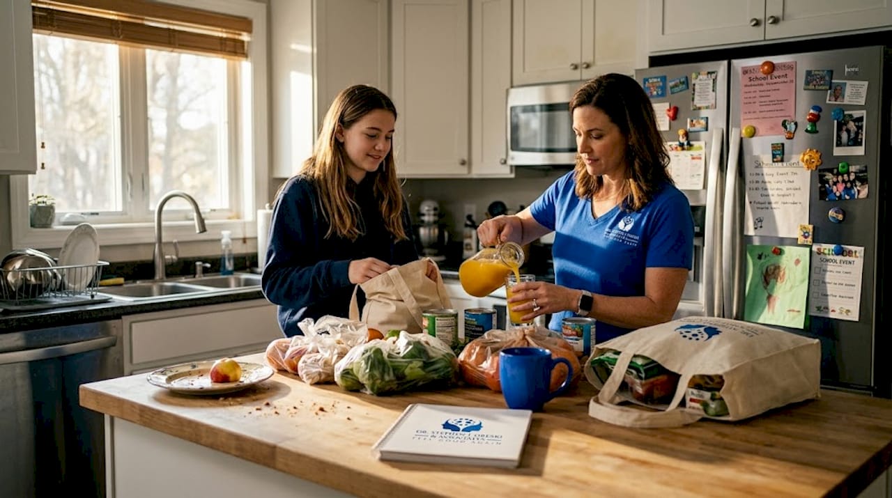 Parent and teen talking in messy kitchen