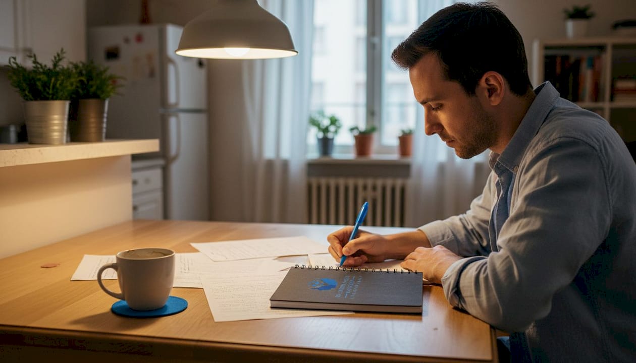 Person journaling at kitchen table