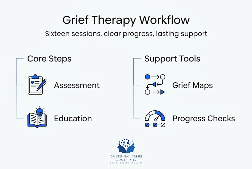 Infographic overview of grief therapy workflow