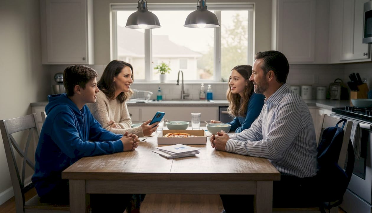 Family talking around kitchen table