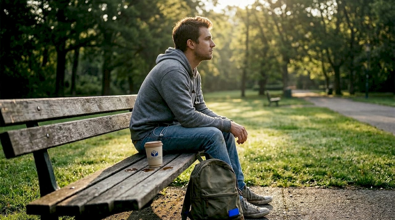Man sitting quietly on park bench, morning