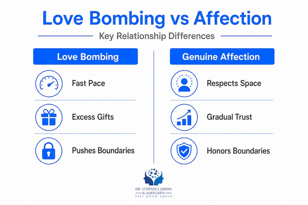 Infographic comparing love bombing and affection