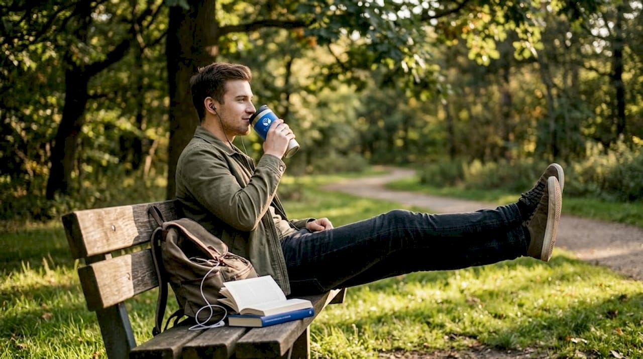 Man stretches and drinks coffee in park