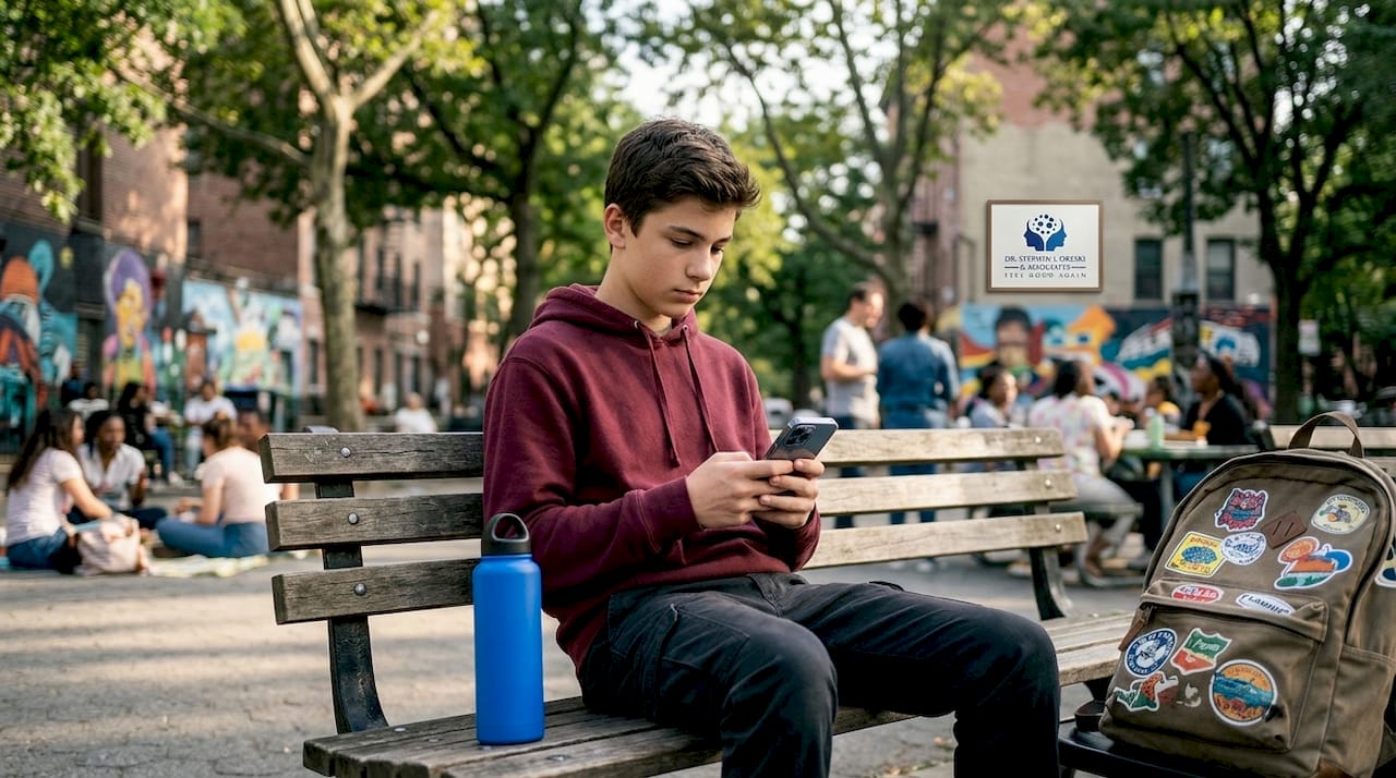 Teenager reflecting at park bench