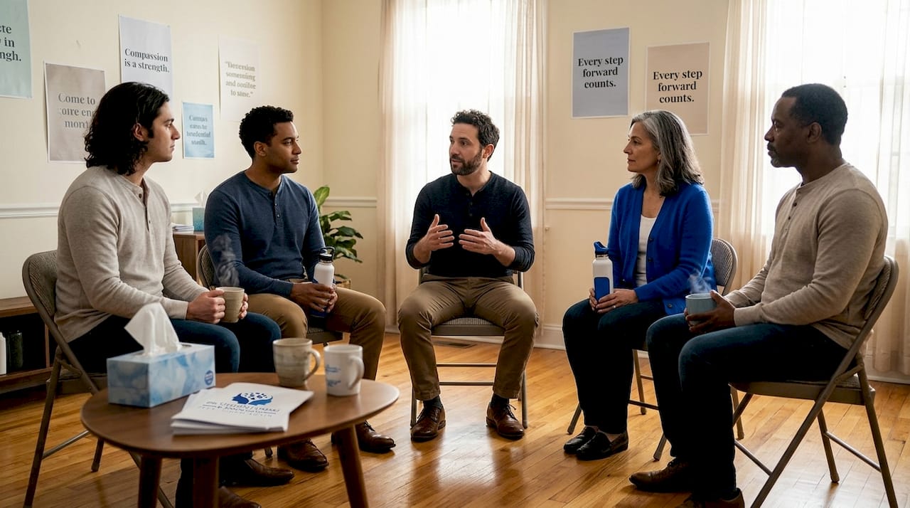 Support group meeting in community center room