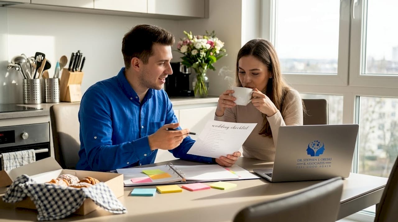 Couple planning wedding at home together