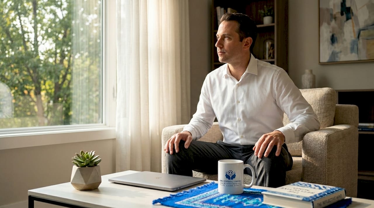Man reflecting near living room window