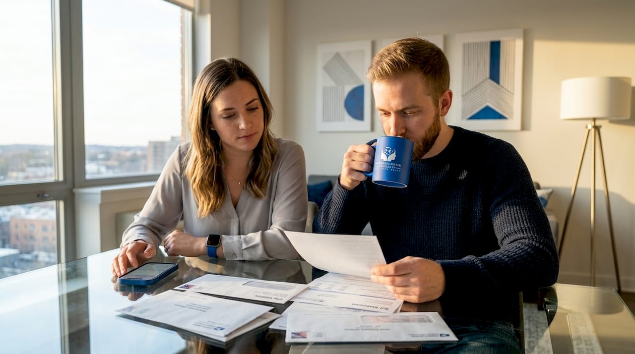 Couple reviewing household bills together