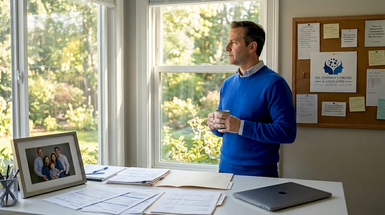 Man stands in home office with cold coffee