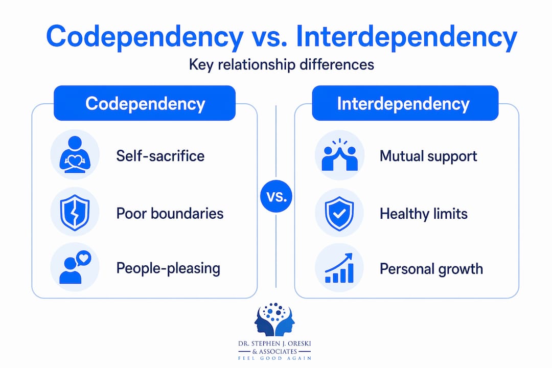 Infographic comparing codependency and interdependency