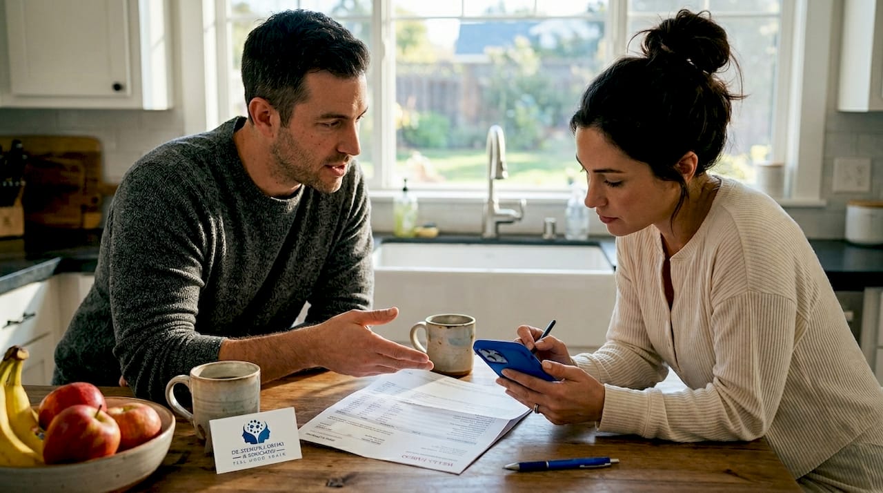Couple reviewing finances at home kitchen table