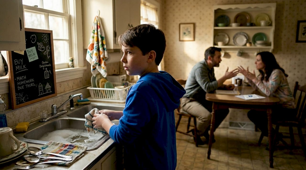 Boy observing tense family kitchen moment
