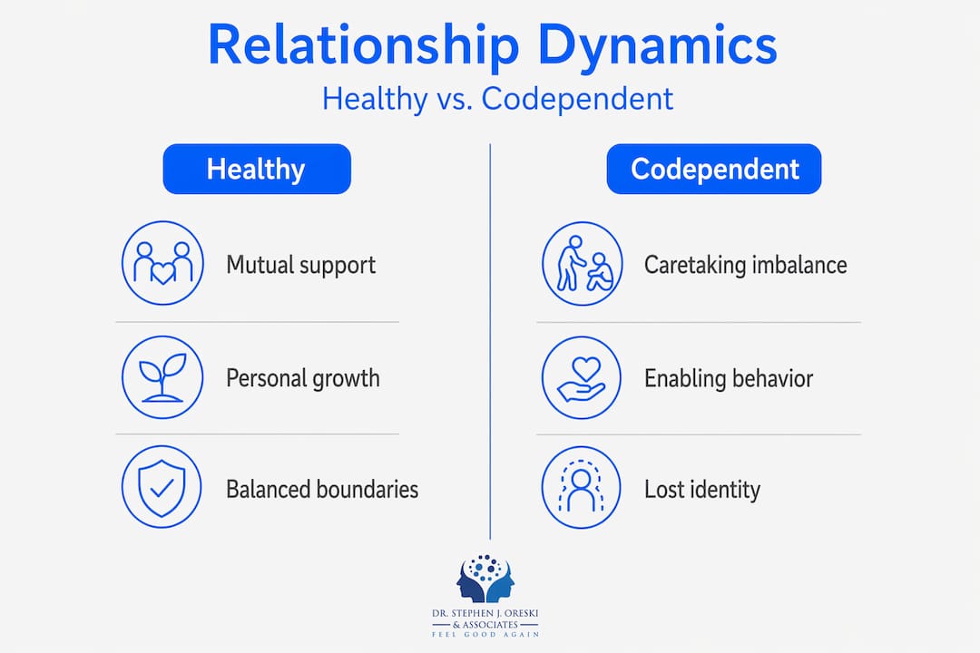Infographic comparing healthy and codependent relationships