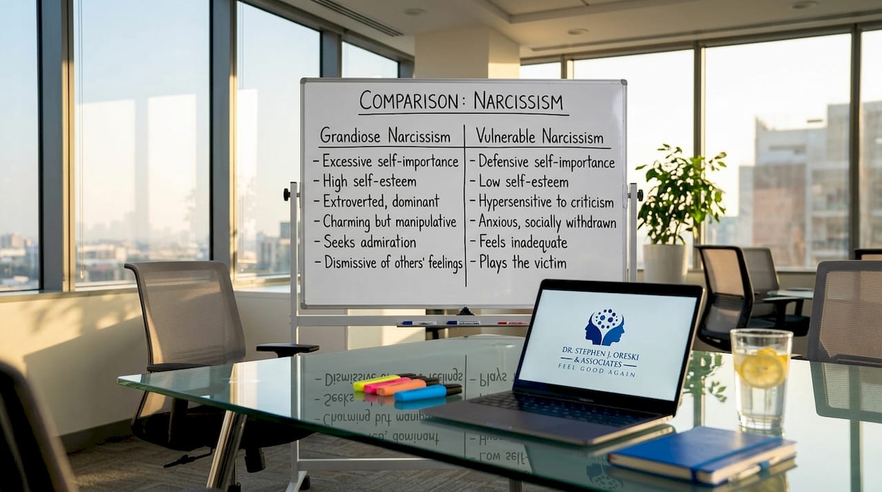 Whiteboard comparing grandiose and vulnerable narcissism types