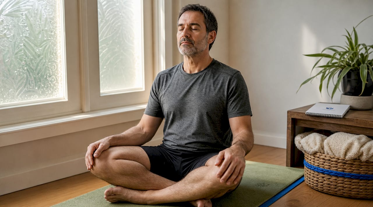 Man practicing deep breathing on yoga mat
