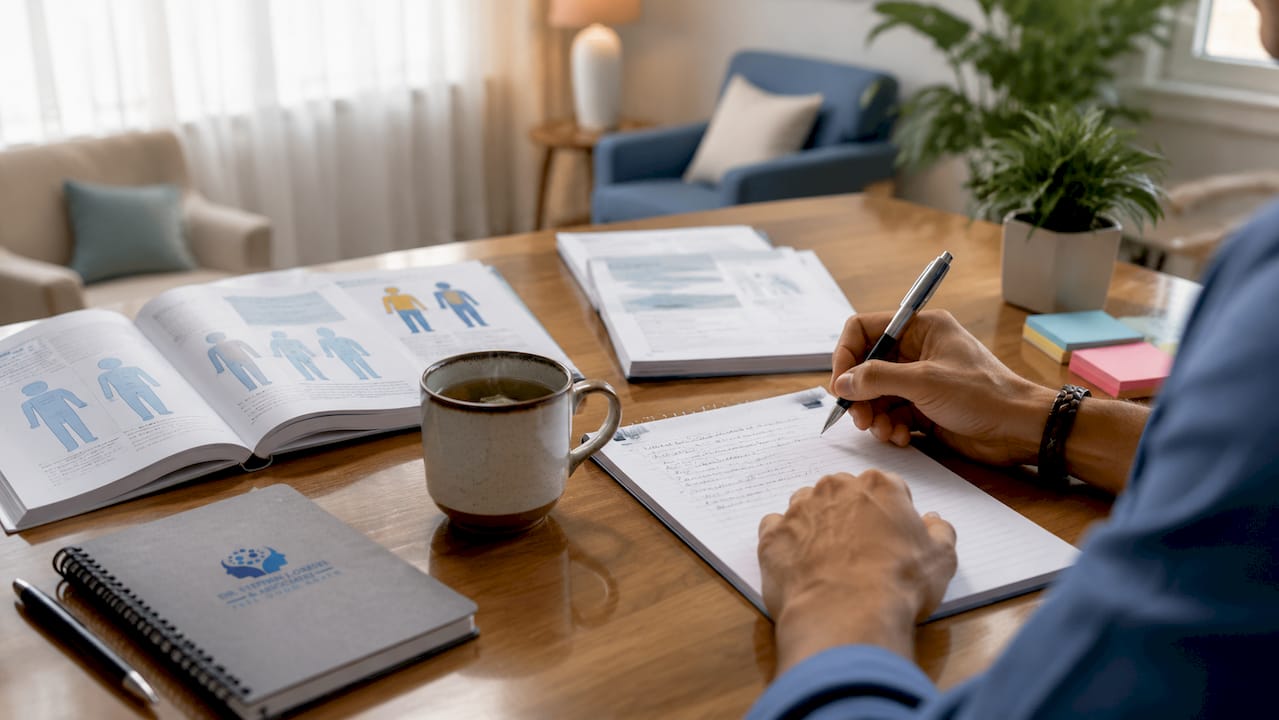 Overhead shot of therapist workspace with training materials