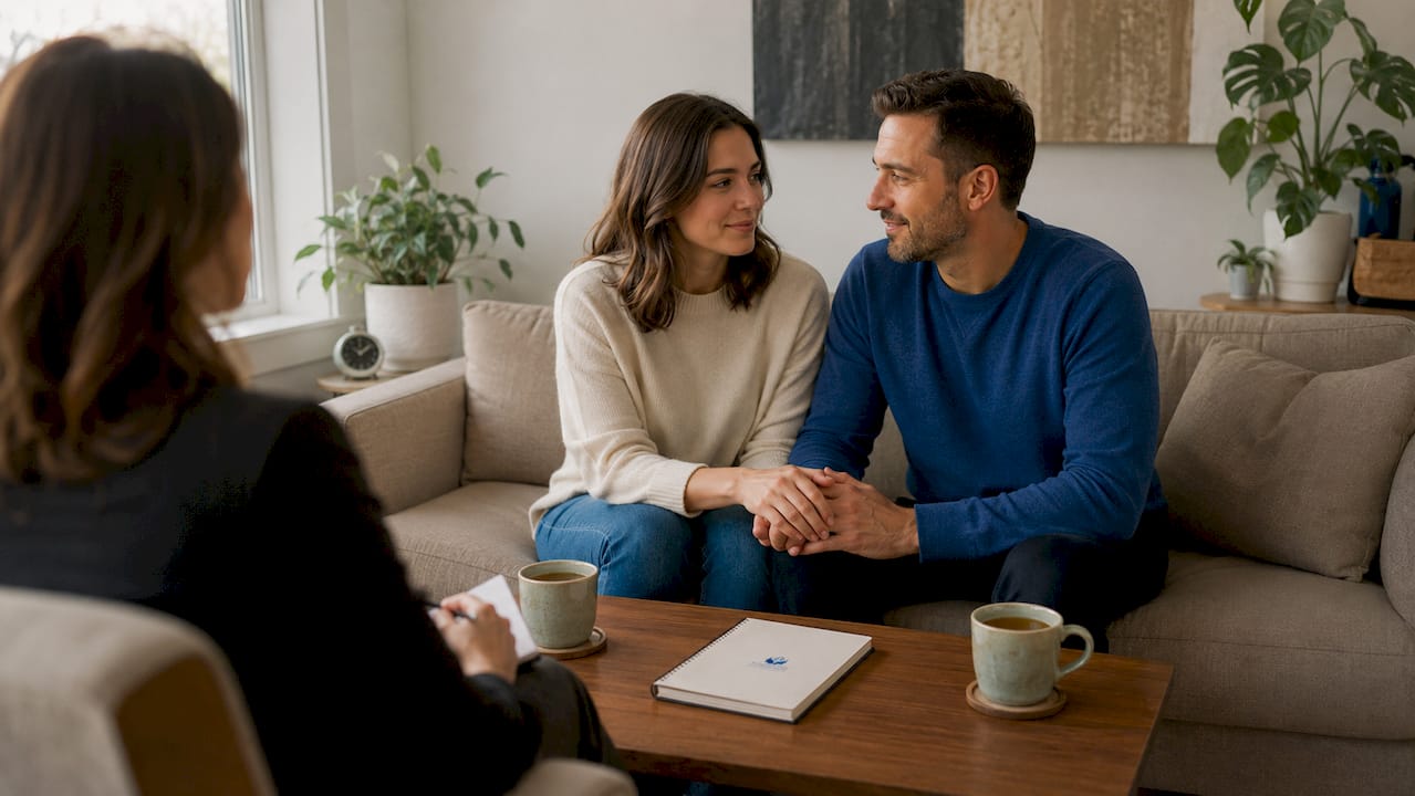 Overhead of couple holding hands during therapy