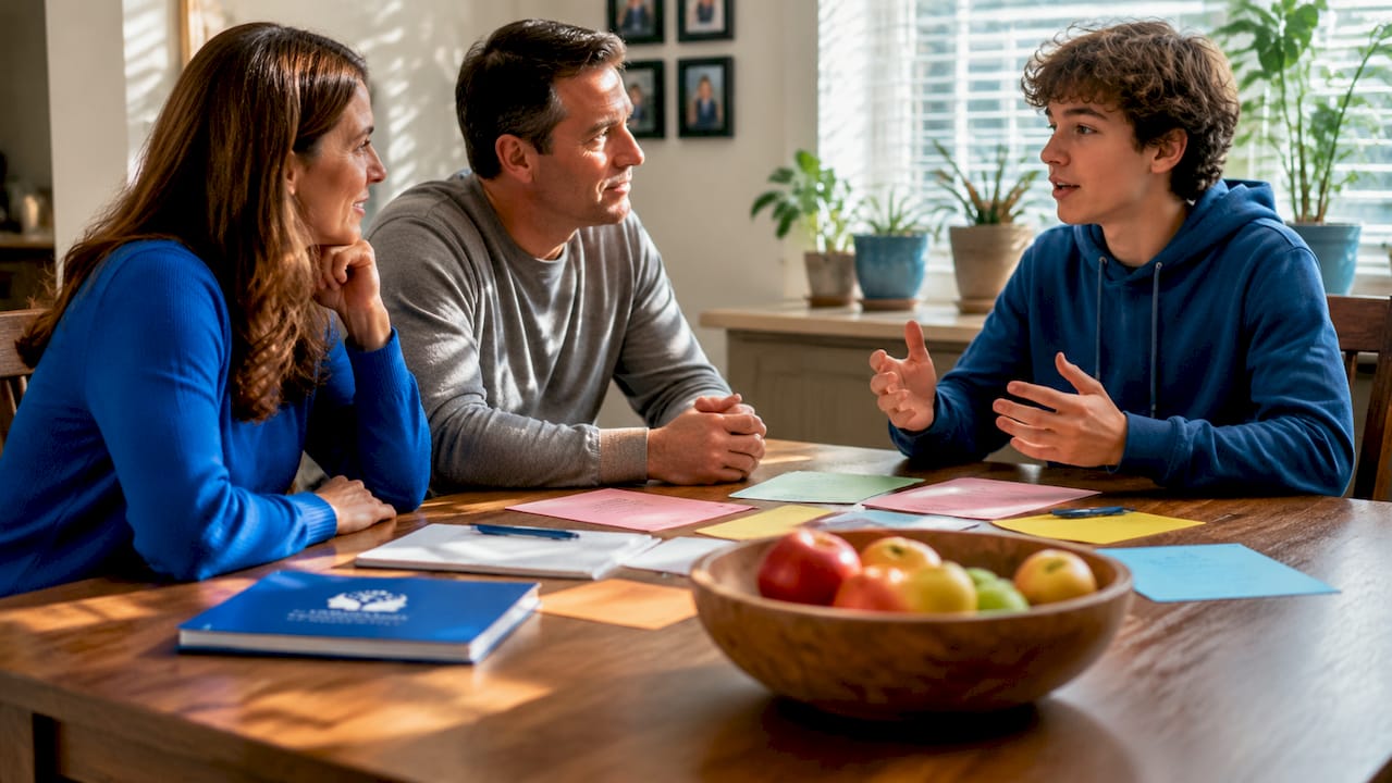 Family engaging in therapy conversation
