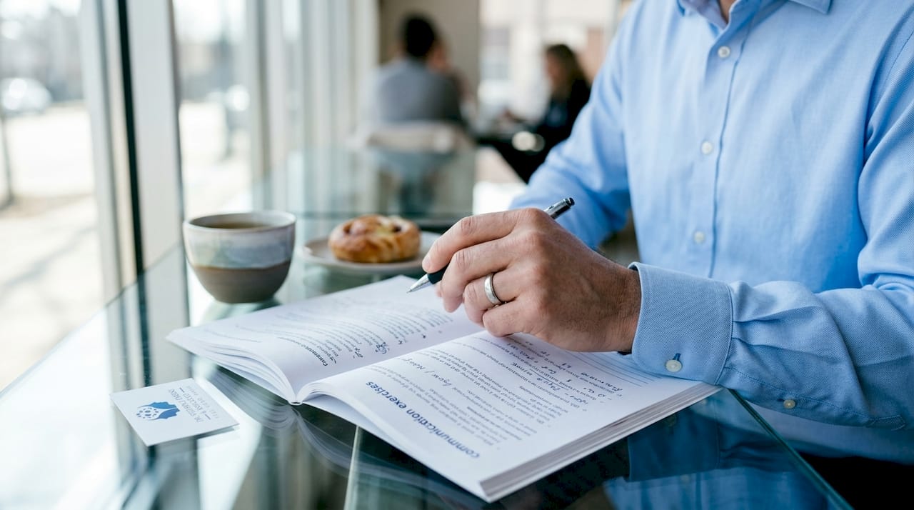 Hand writing communication exercises in workbook