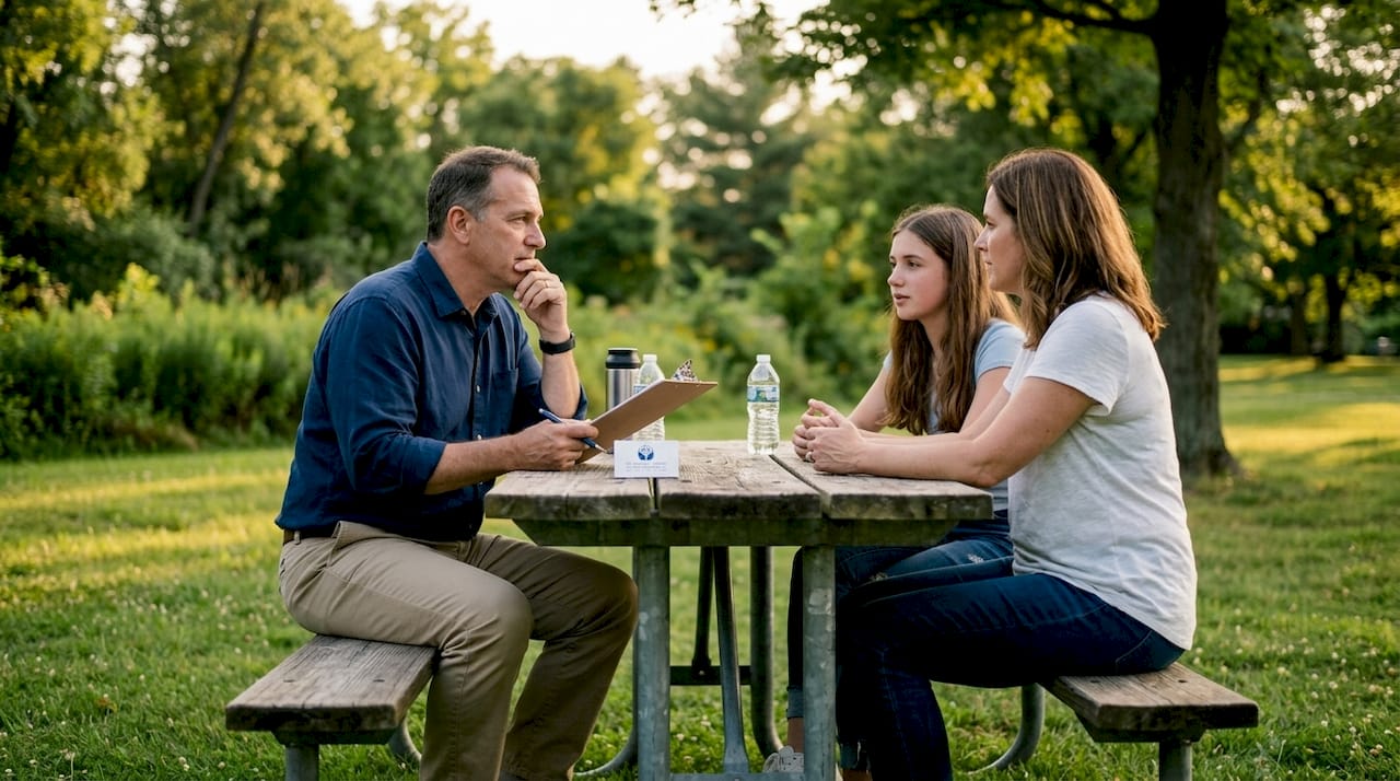 Family therapist observing mother and teen daughter