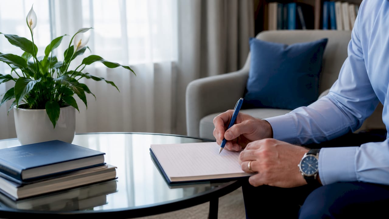 Therapist taking notes during counselling session