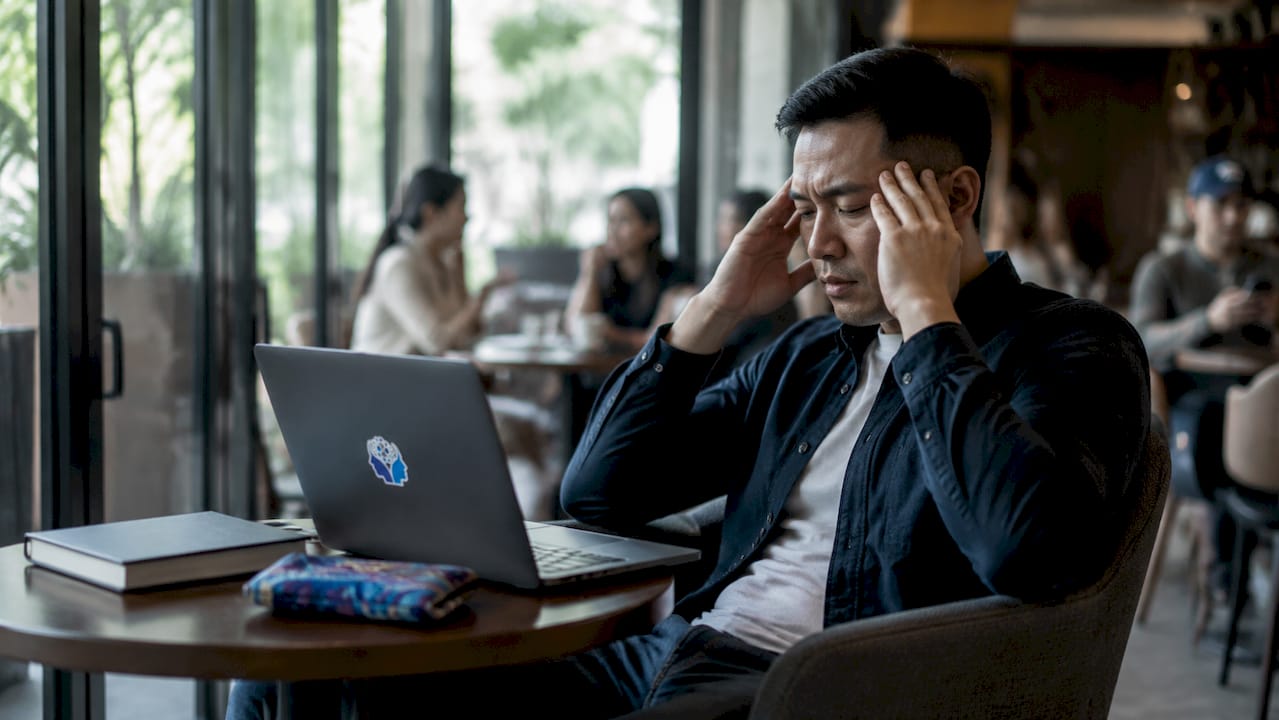 Man showing burnout signs in home office
