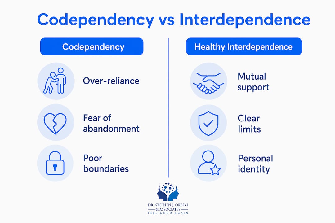 Infographic comparing codependency and healthy interdependence
