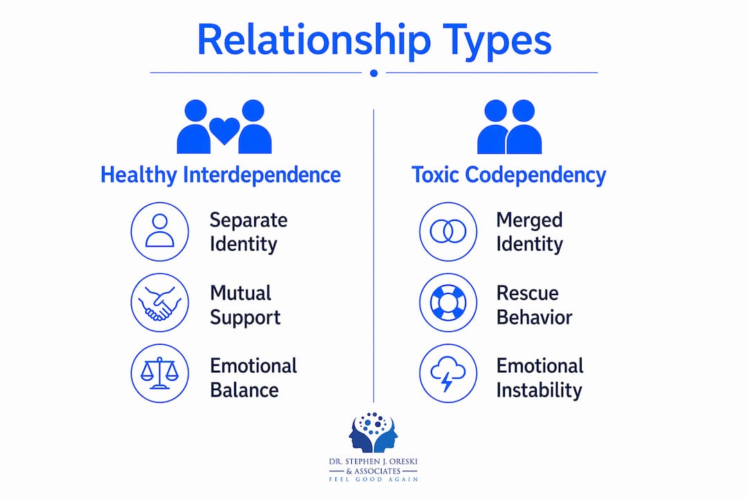 Infographic comparing codependency and healthy interdependence