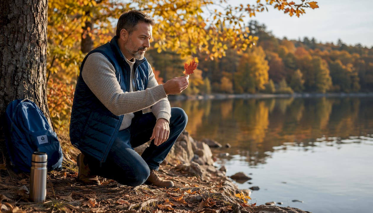 Man outdoors using sensory grounding technique