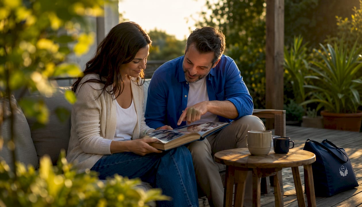 Couple reviewing relationship history photos