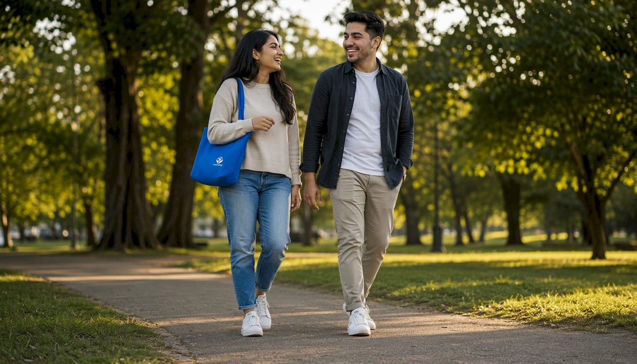 Two friends walking closely sharing conversation