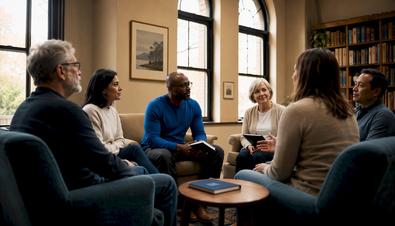 Diverse group in supportive community meeting