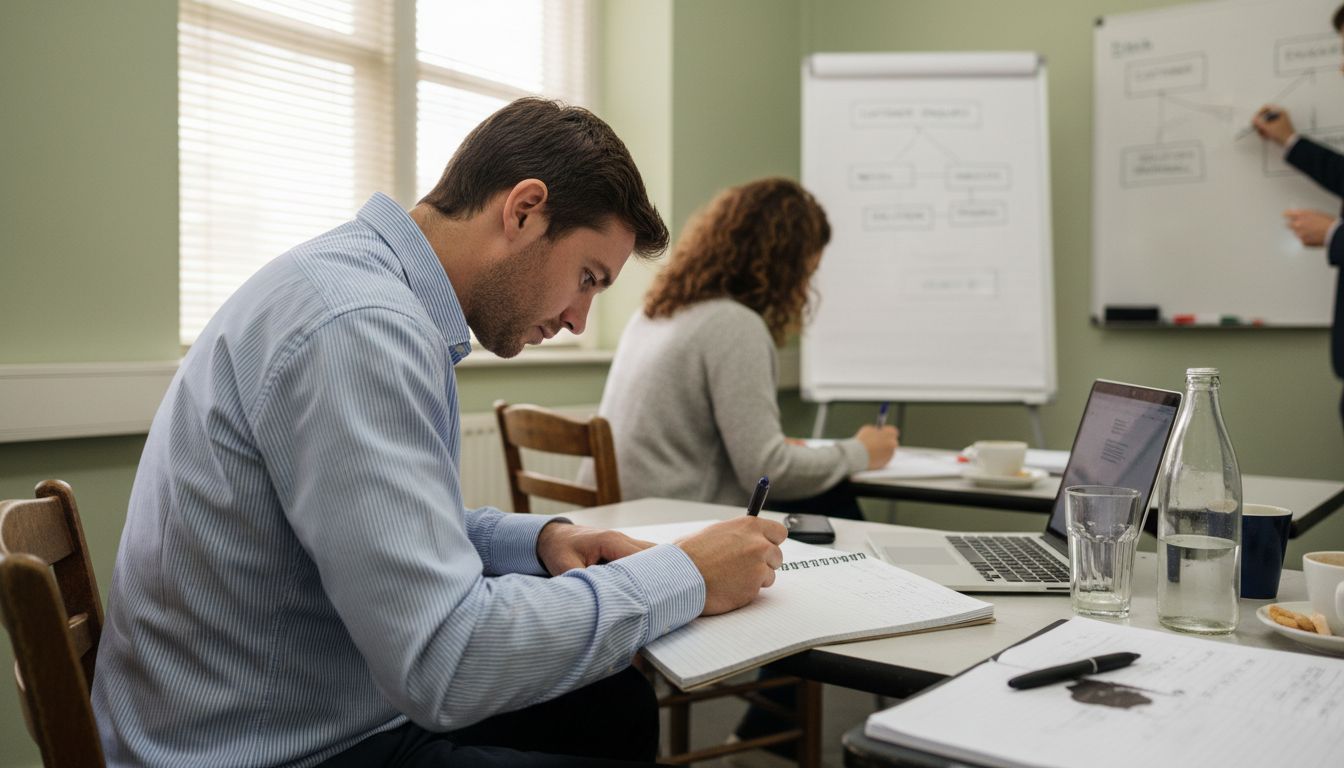 Employees taking notes during sales training session