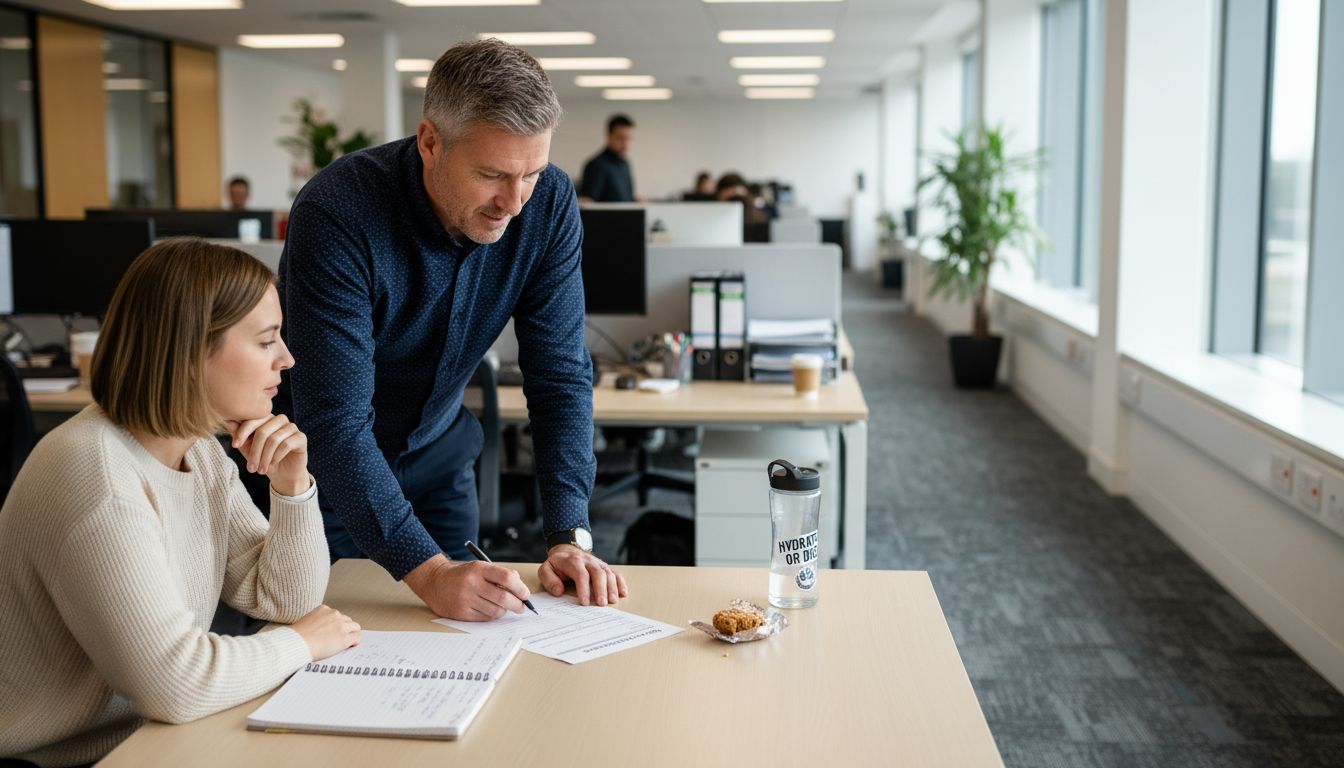 Sales coach guides teammate at desk