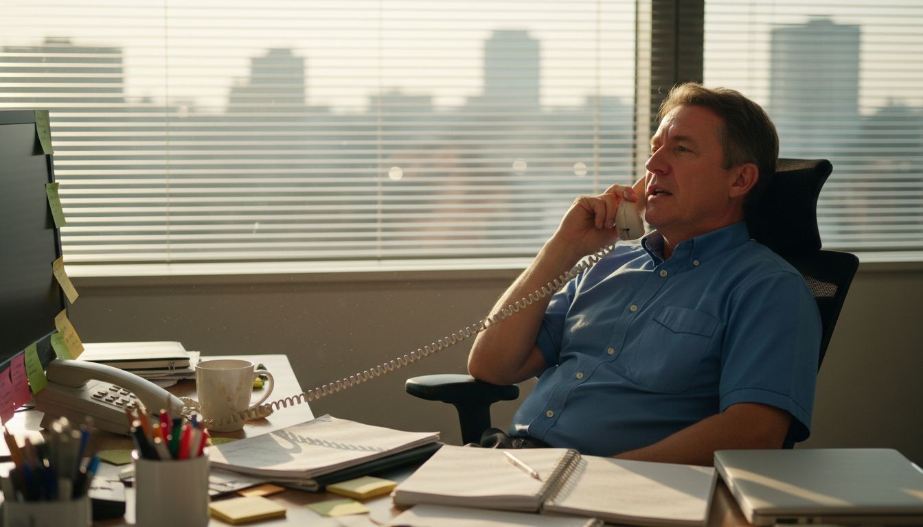 Salesperson on phone in cluttered office