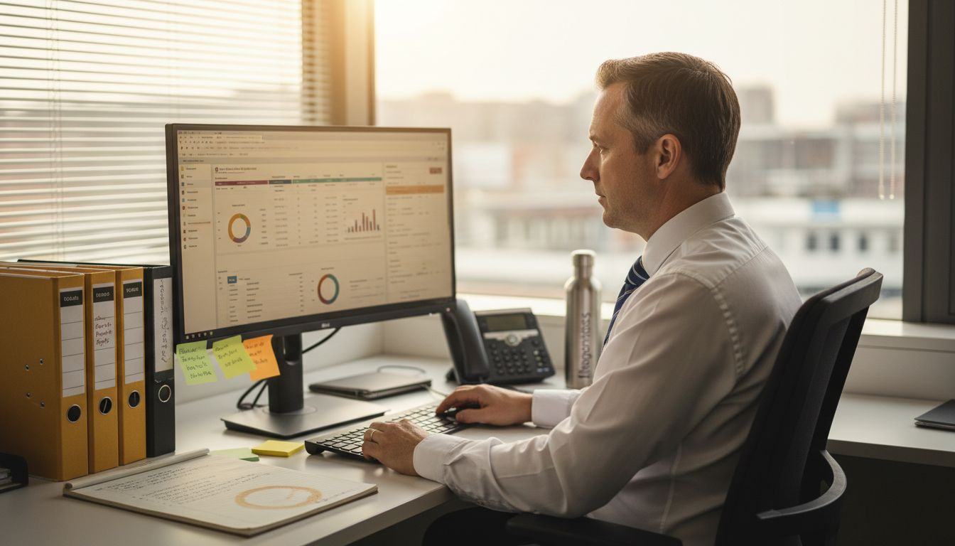 Manager using CRM system at windowed desk