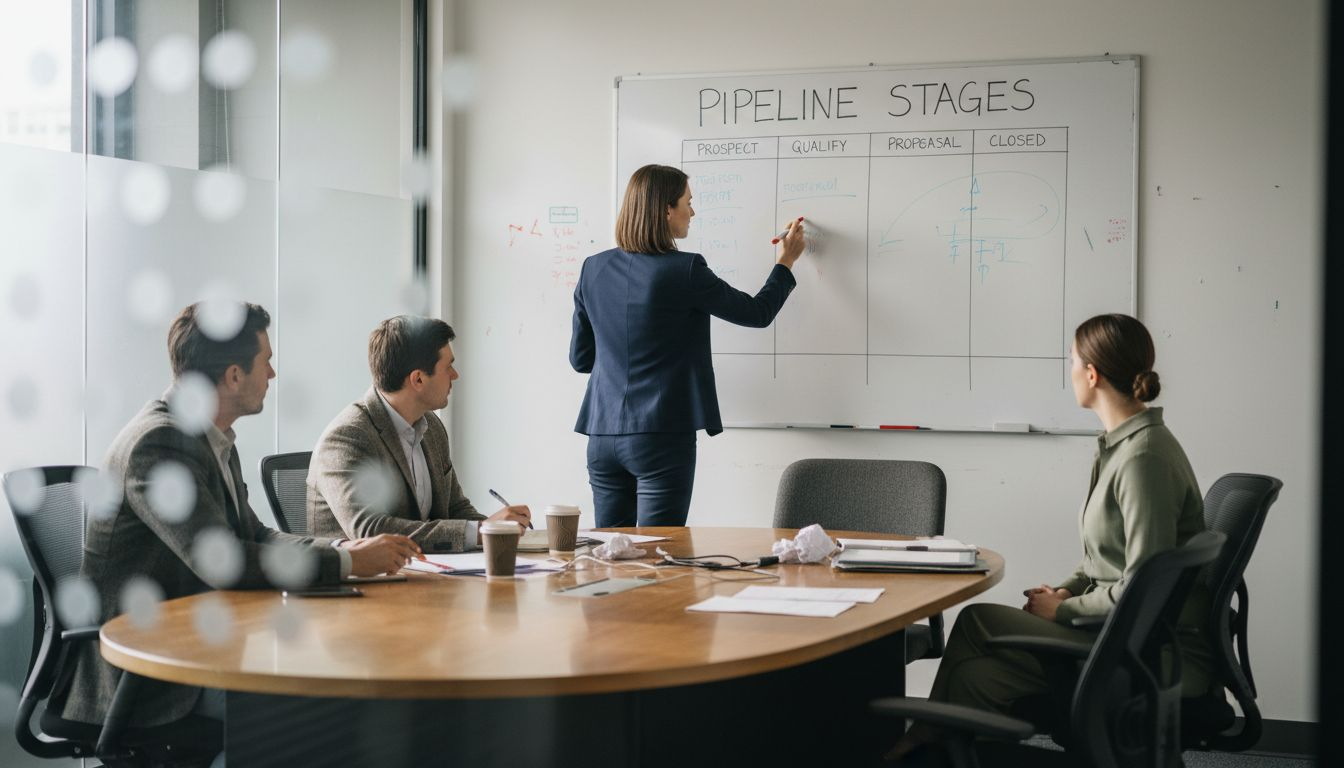 Sales leader coaching team in glass office