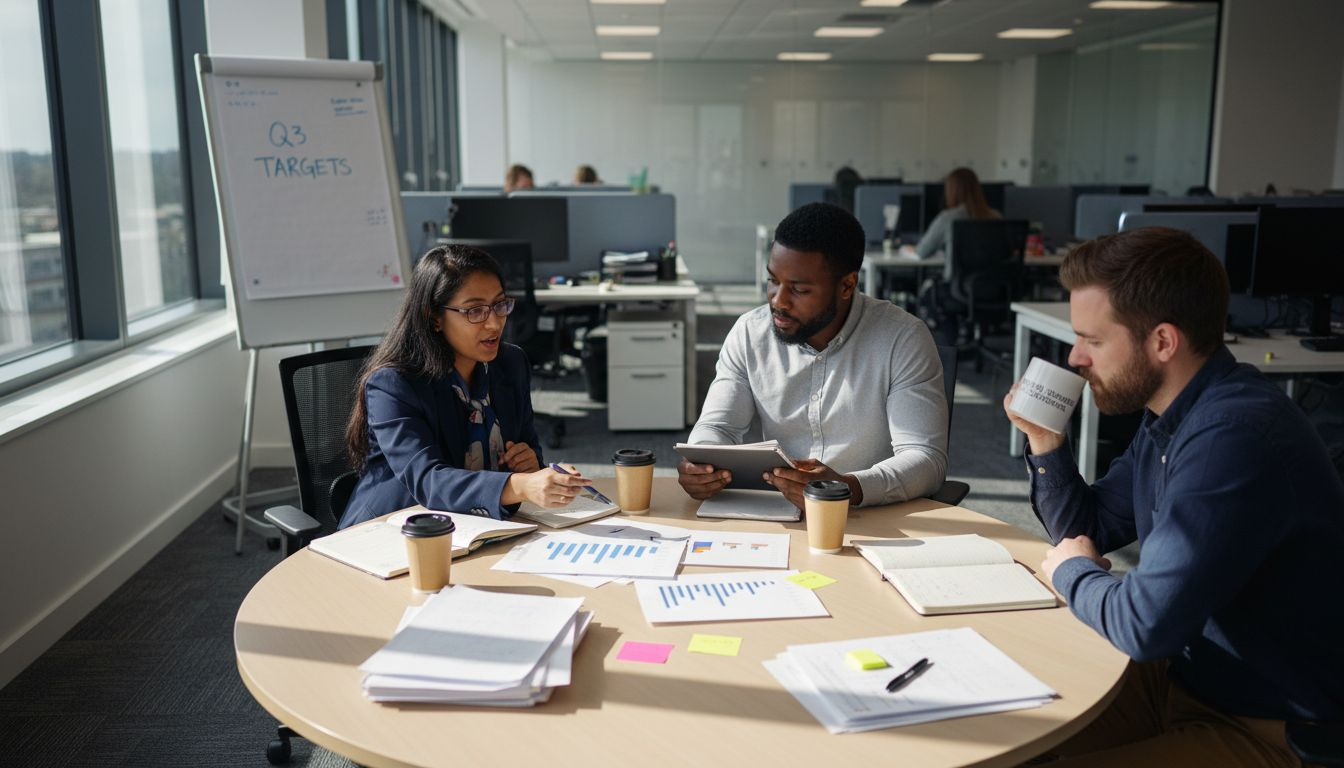 Sales team discussing strategy at workspace