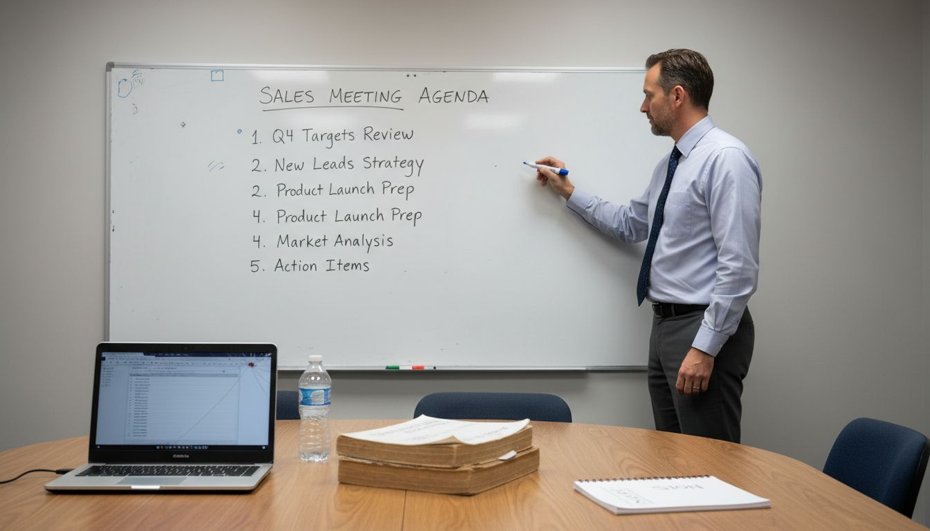 Manager writing sales agenda on whiteboard