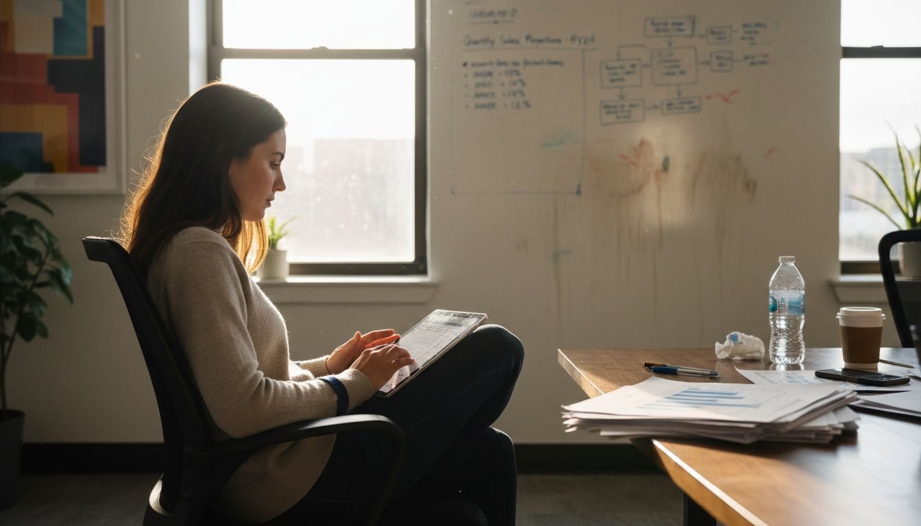 Analyst entering sales data conference room