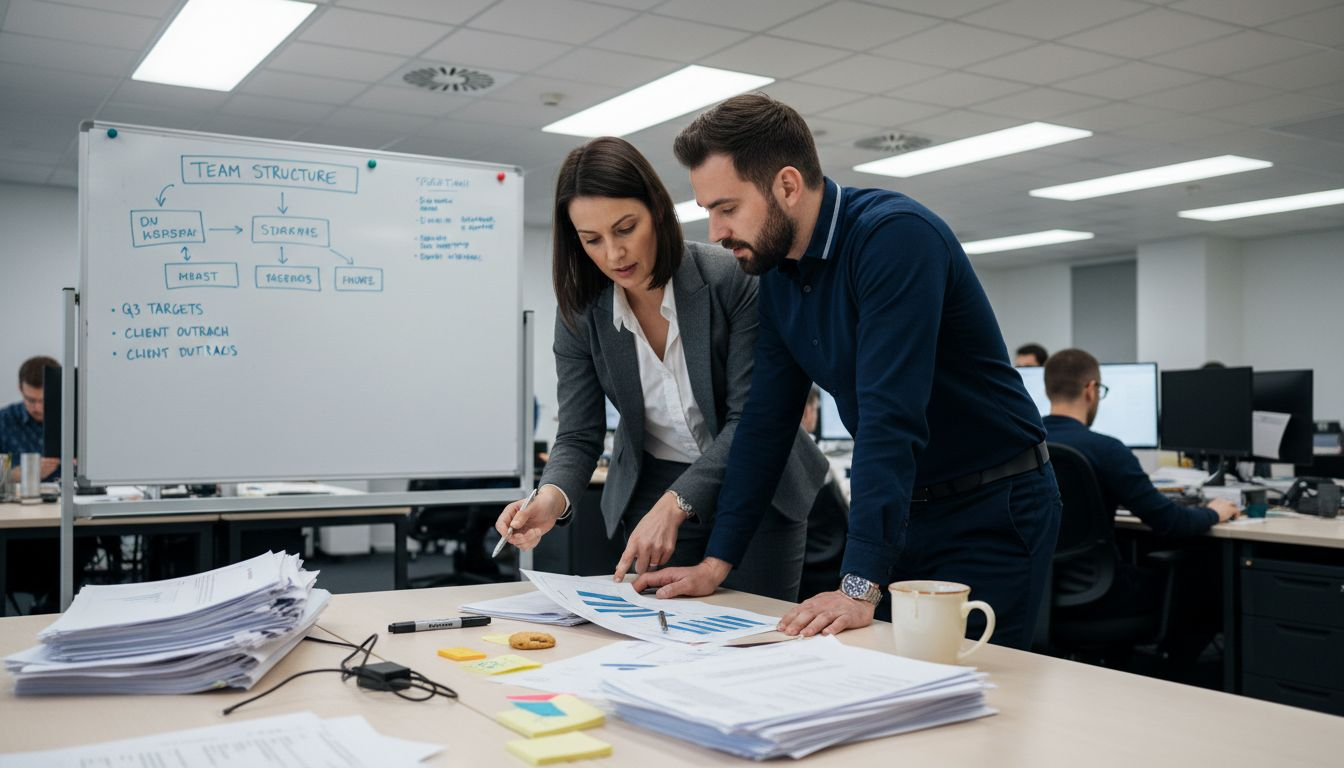 Sales team reviewing workflow at office desk