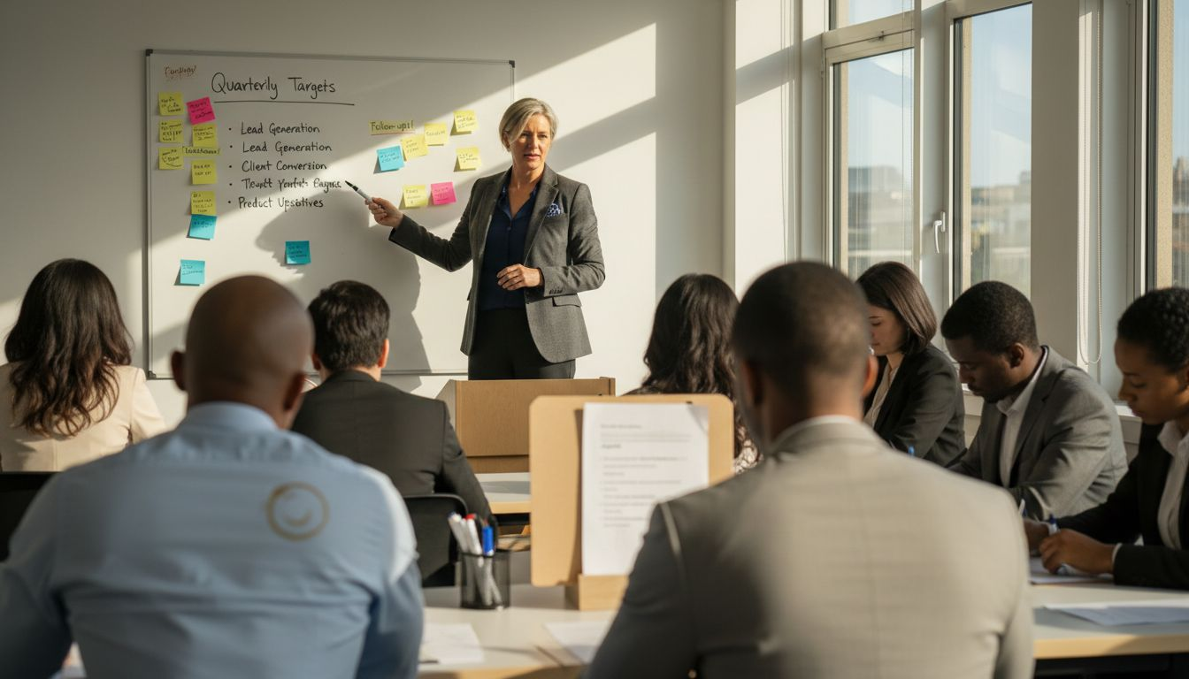 Sales manager leading checklist meeting