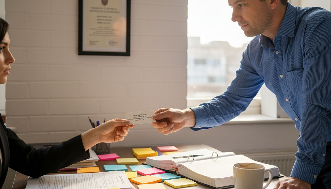 Lawyers exchanging business cards over desk